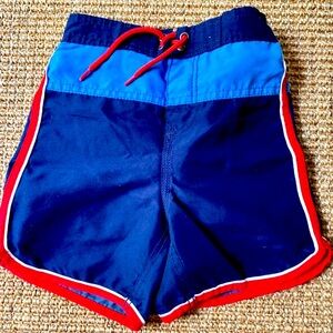 OshKosh B’gosh Swim Trunks bathing suit blue red pockets drawstring tie EUC